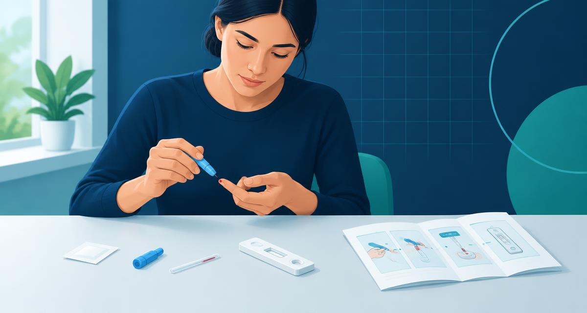 Illustration of a person performing the steps of a diagnostic self-test, with the instructions for use open beside them